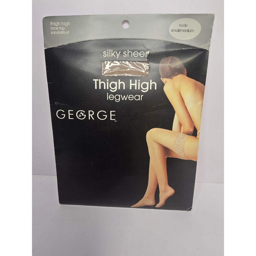 NEW Vintage George Thigh High Pantyhose Nude Size Small Medium Lace Top